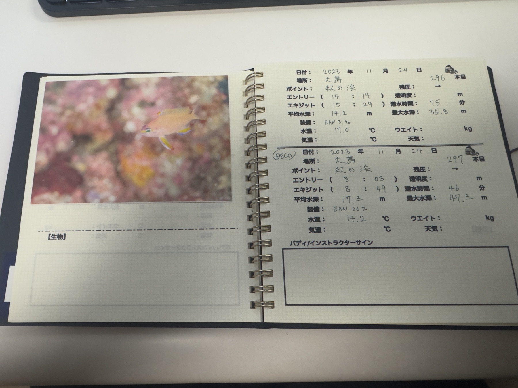 大島・秋の浜のログ。左に水中写真、右に手書きデータ